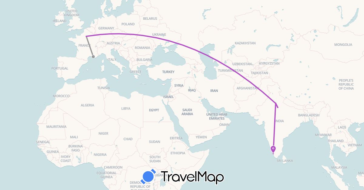 TravelMap itinerary: driving, plane, train in France, India (Asia, Europe)